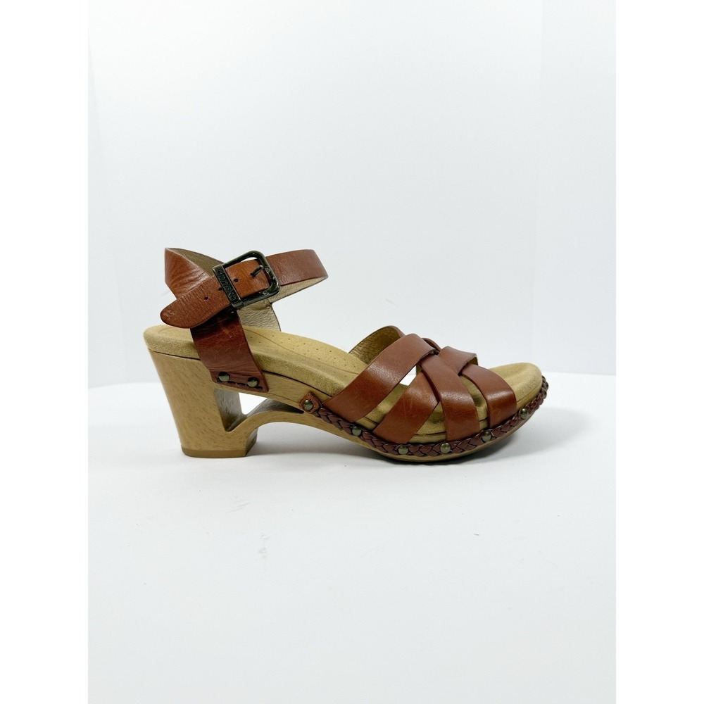 Dansko Strappy Leather Sandals Wood Wedge Heel Ankle Buckle Brown Comfort 37/7 - Picture 9 of 16